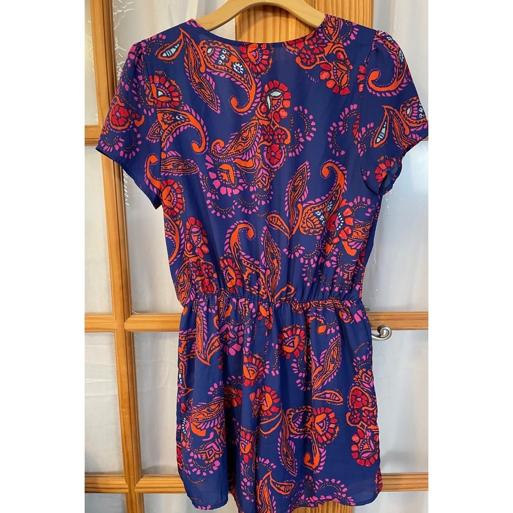 Floral Paisley Print Romper Sz M Orange Pink V-Neck Elastic Waist USA Made - Picture 4 of 12